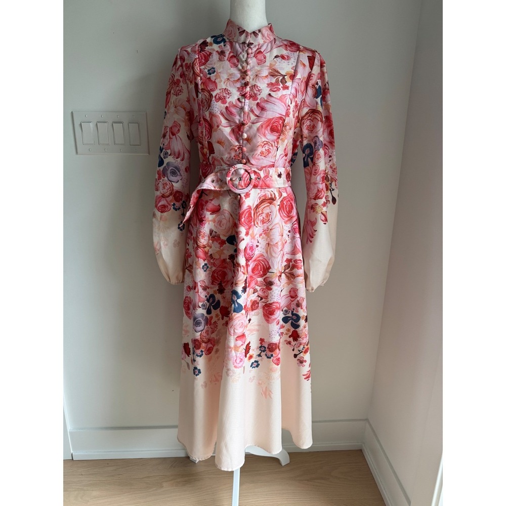 Dalia MacPhee Floral Mock Neck Belted Midi Dress Pink Red Long Sleeve Large